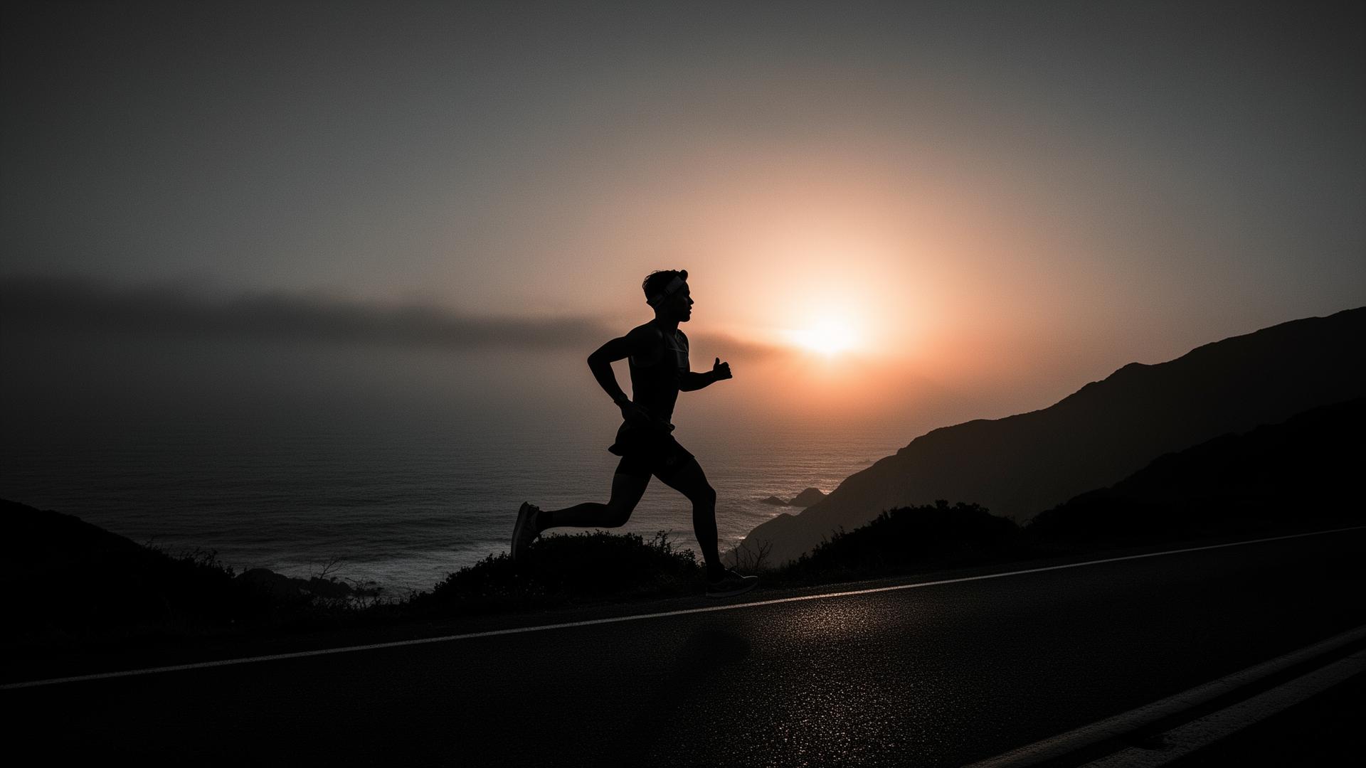 Endurance runner at sunrise on a coastal road